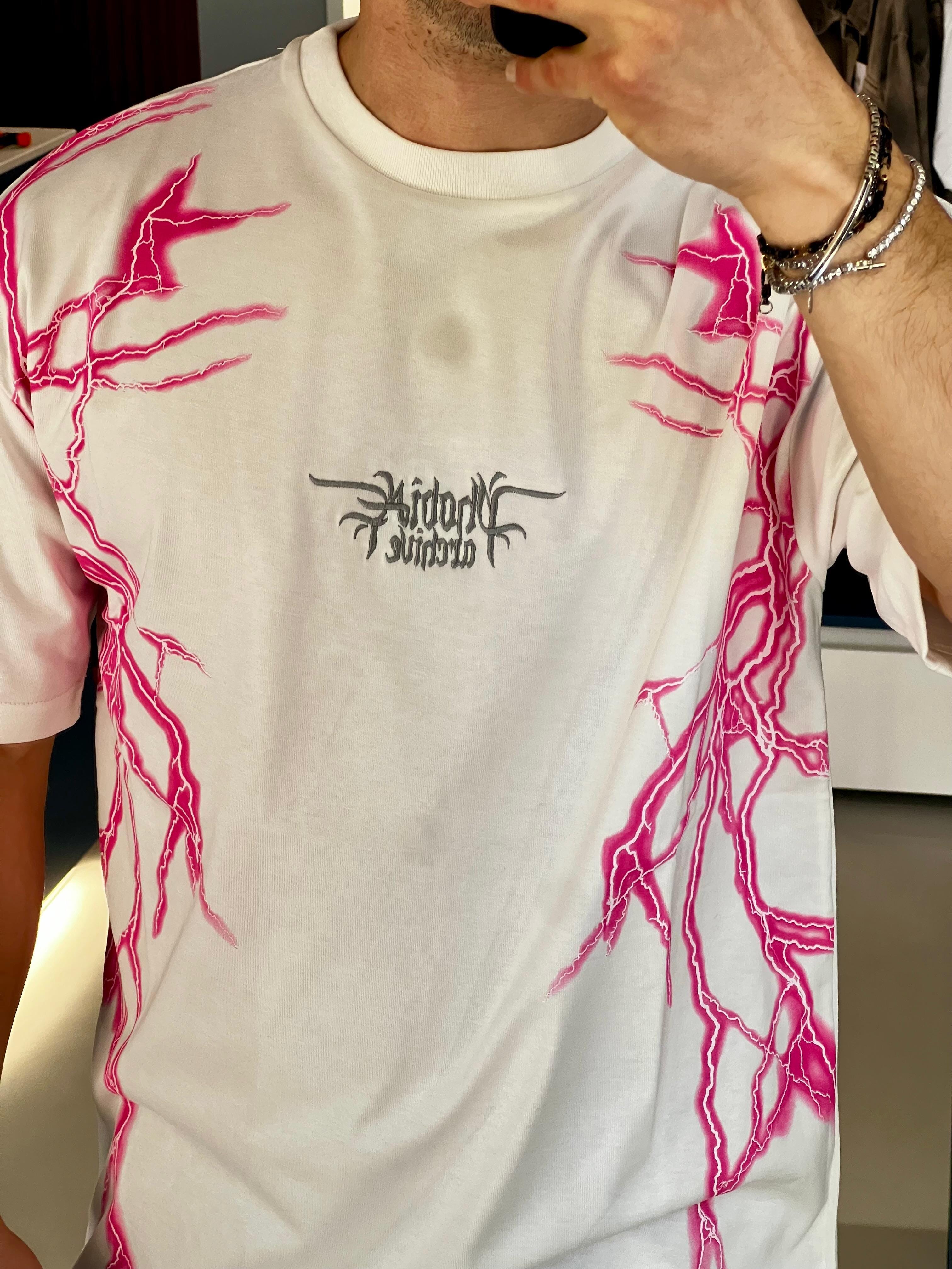 T-shirt Phobia Bianca Con Fulmini Laterali Fucsia