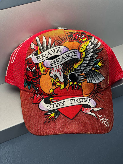 Ed Hardy Brave Hearts Red Trucker Hat