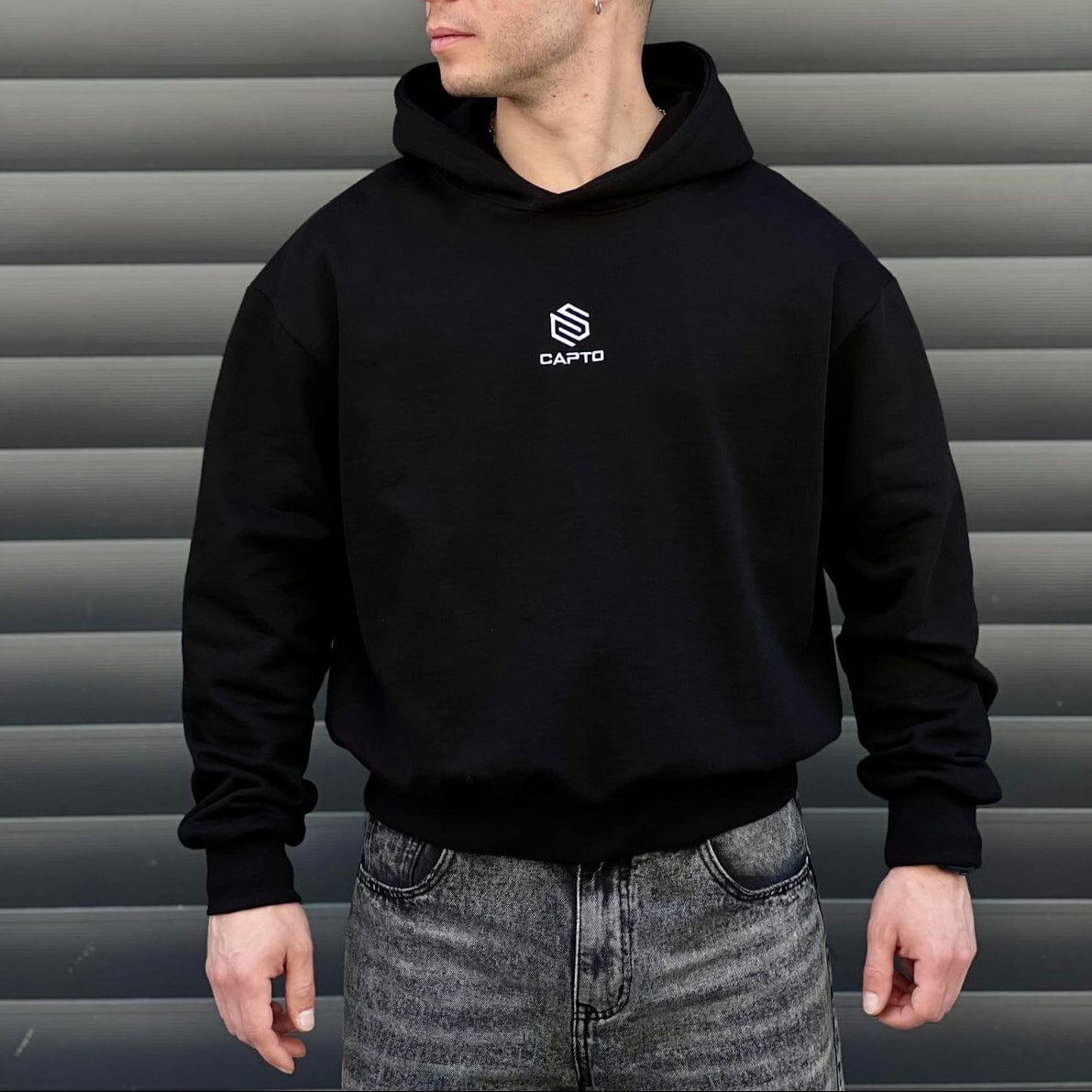 Felpa Capto Boxy Black cappuccio 100% Cotone Garzato