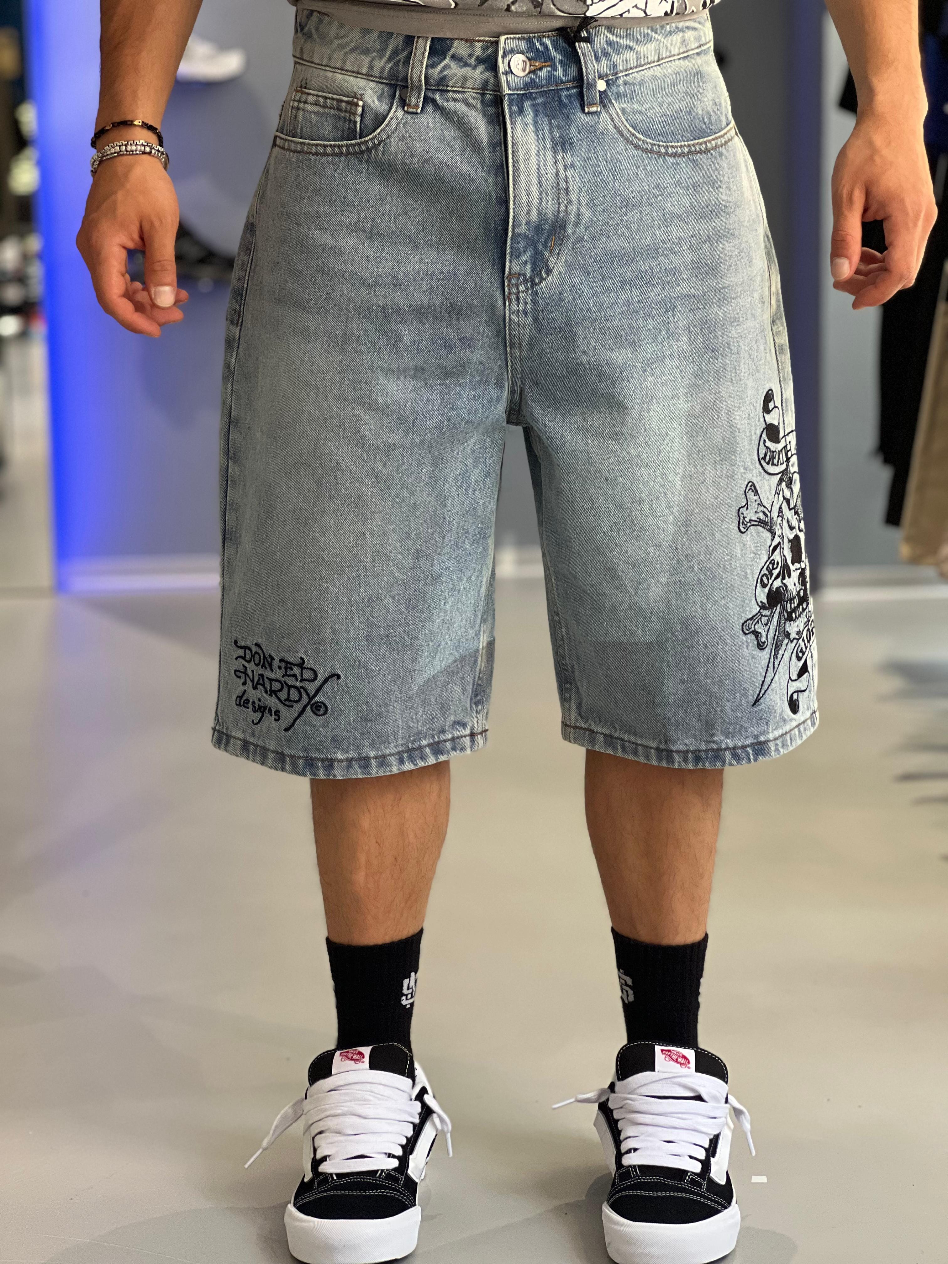 Ed Hardy - Bermuda - Mens Death Or Glory Denim Skater Jorts Shorts - Blue