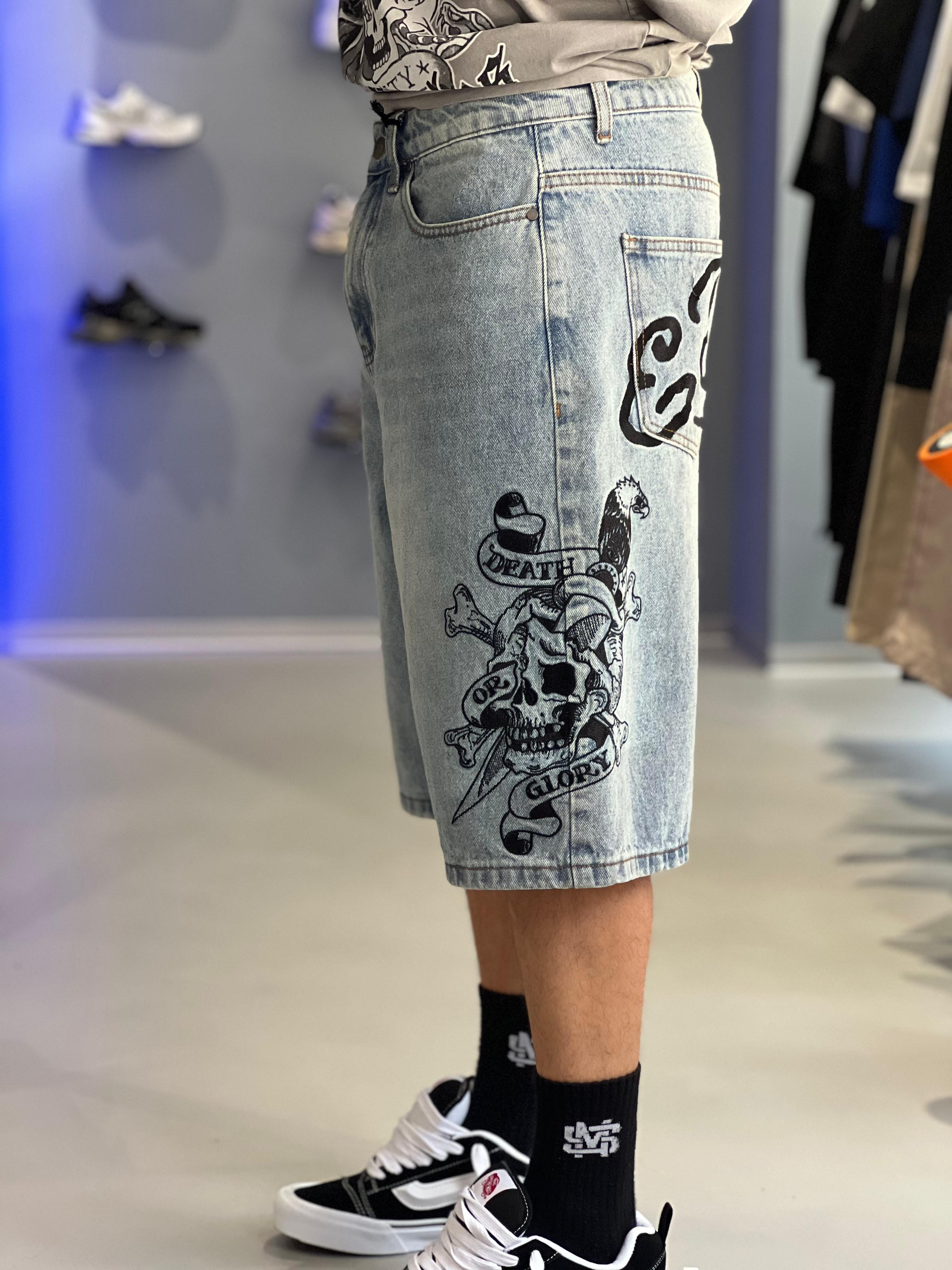 Ed Hardy - Bermuda - Mens Death Or Glory Denim Skater Jorts Shorts - Blue