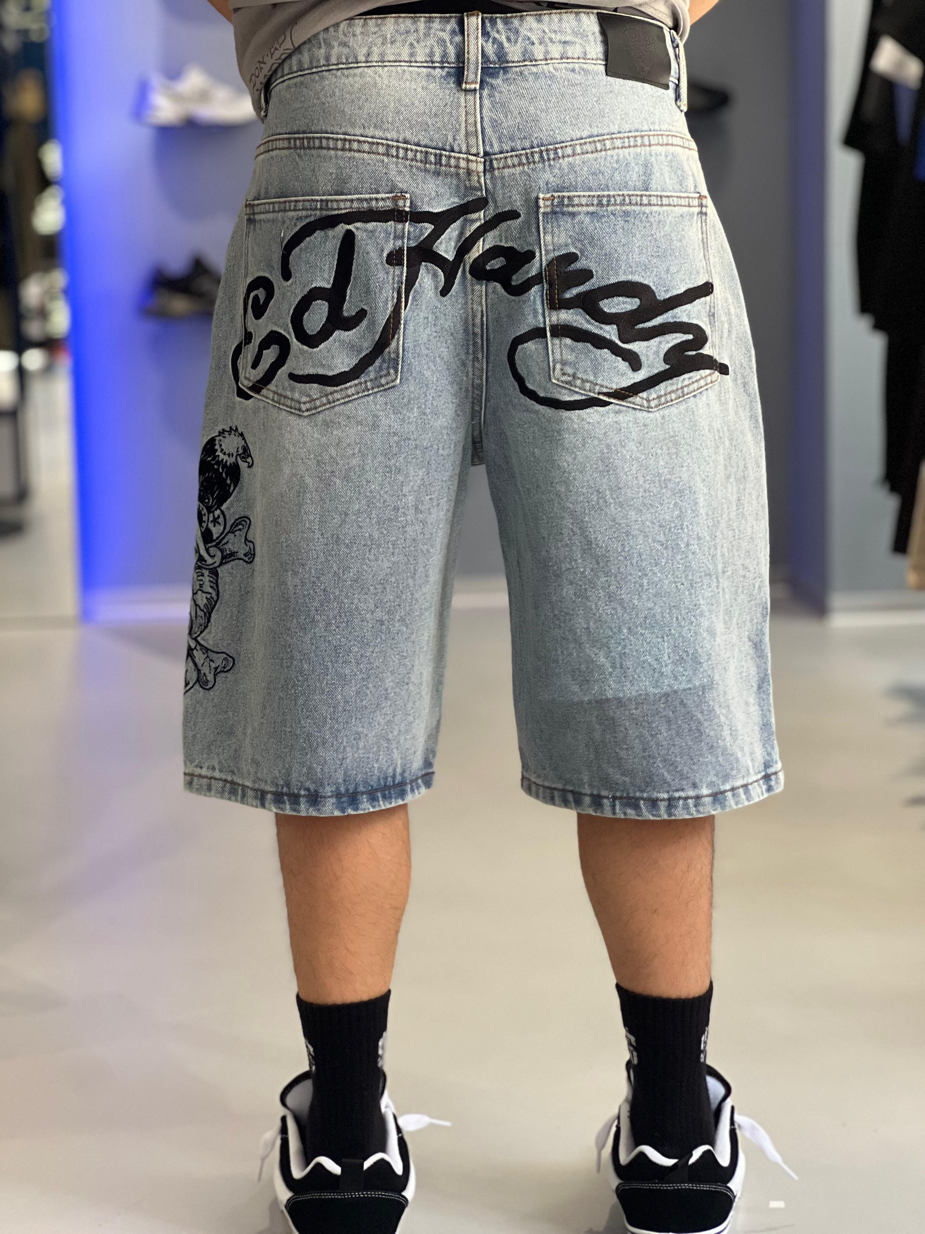 Ed Hardy - Bermuda - Mens Death Or Glory Denim Skater Jorts Shorts - Blue