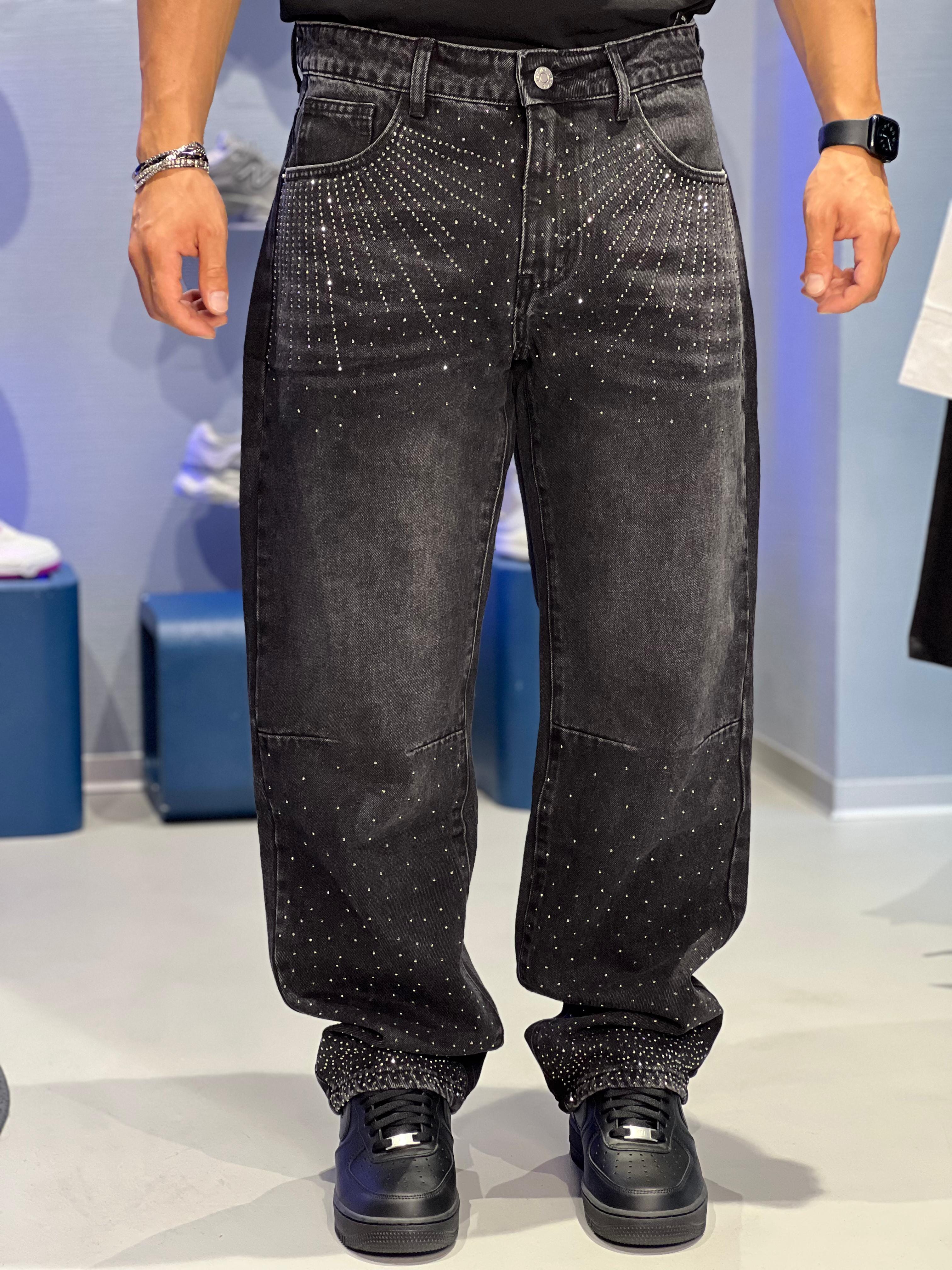 Jeans Uomo Nero con Strass - Fit Oversize AD8516