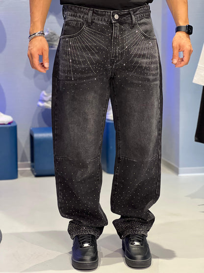 Jeans Uomo Nero con Strass - Fit Oversize AD8516