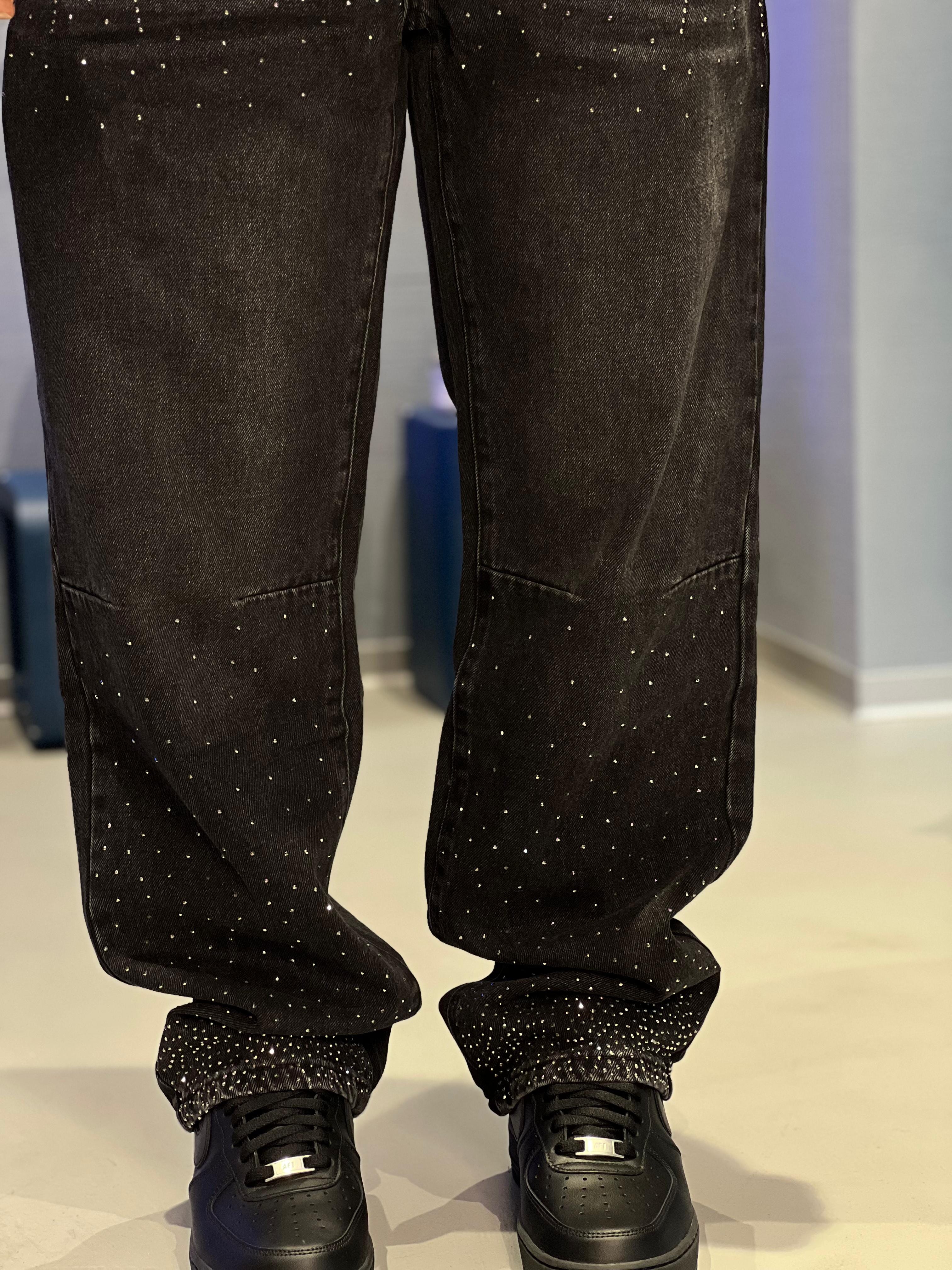 Jeans Uomo Nero con Strass - Fit Oversize AD8516