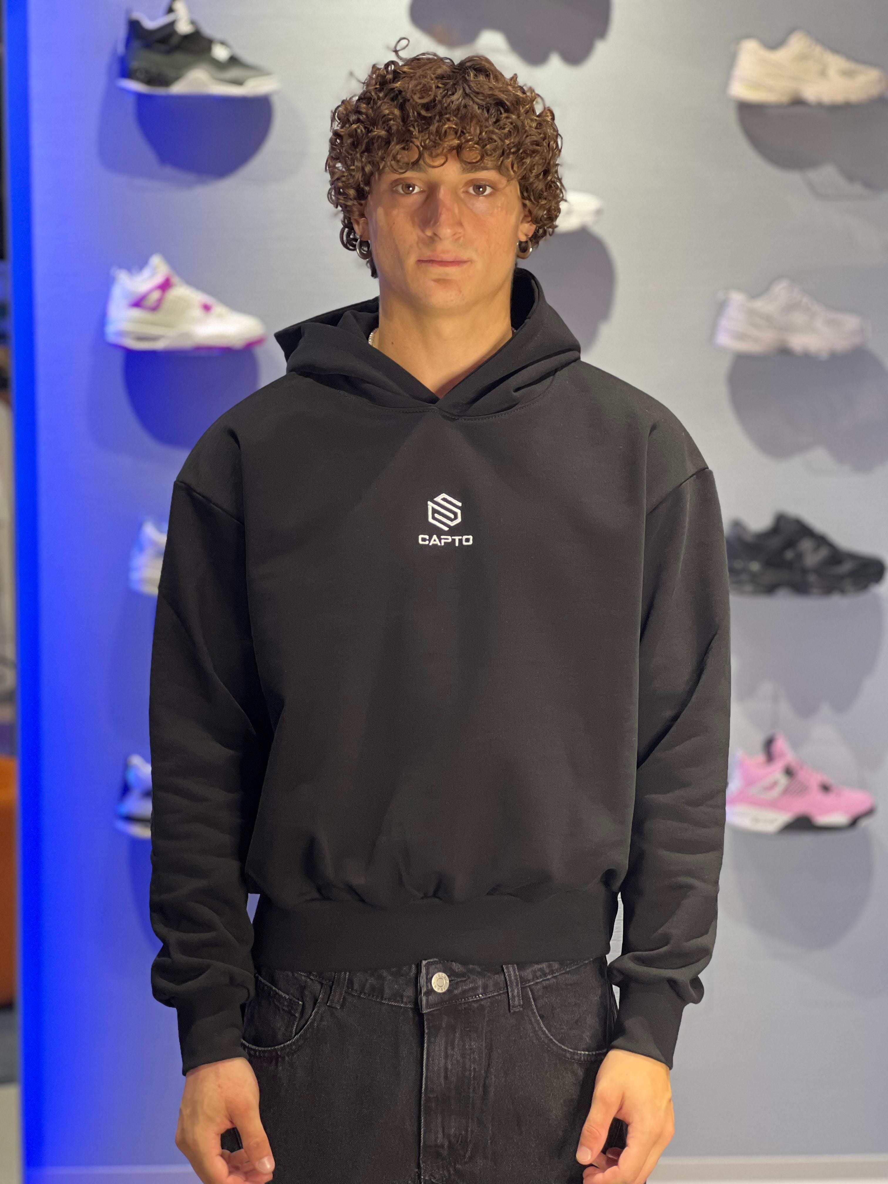 Felpa Capto Boxy Black cappuccio 100% Cotone Garzato