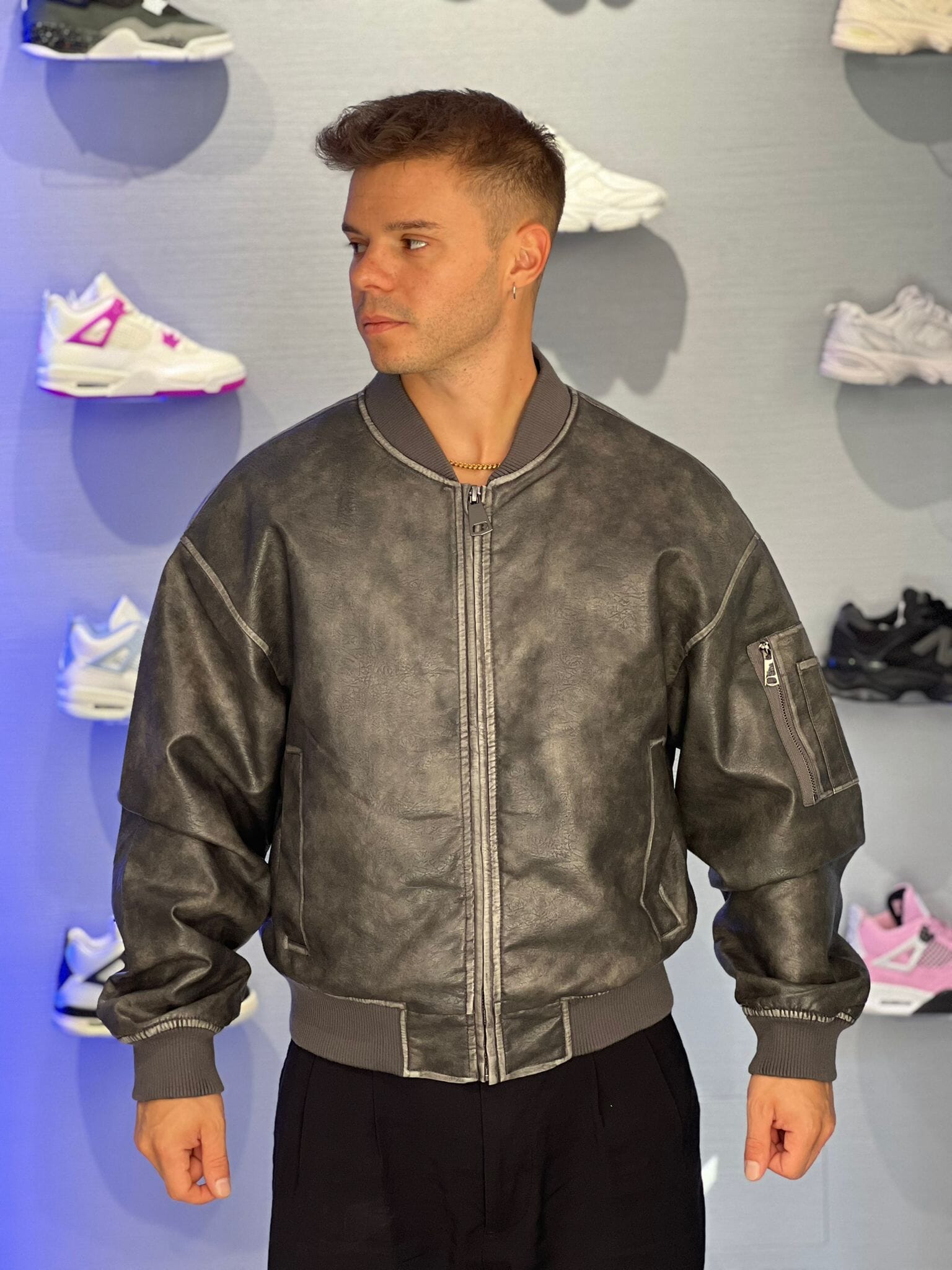 Giubbotto Bomber Uomo in Ecopelle Effetto Vintage