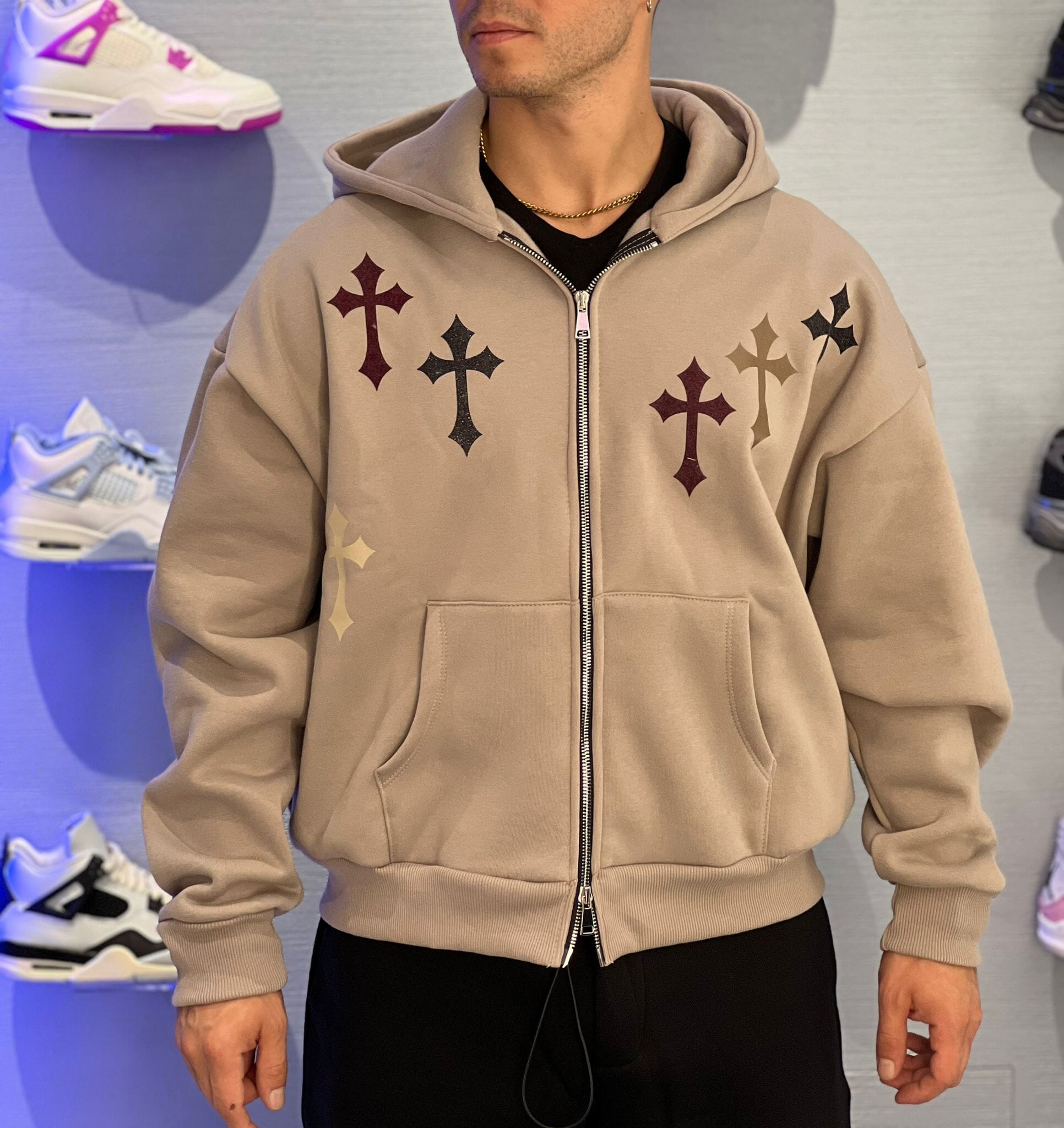 Felpa Zip Croci Beige