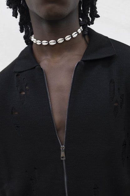 Cardigan Nero con Zip e Effetto Destroyed