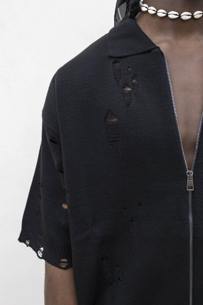 Cardigan Nero con Zip e Effetto Destroyed