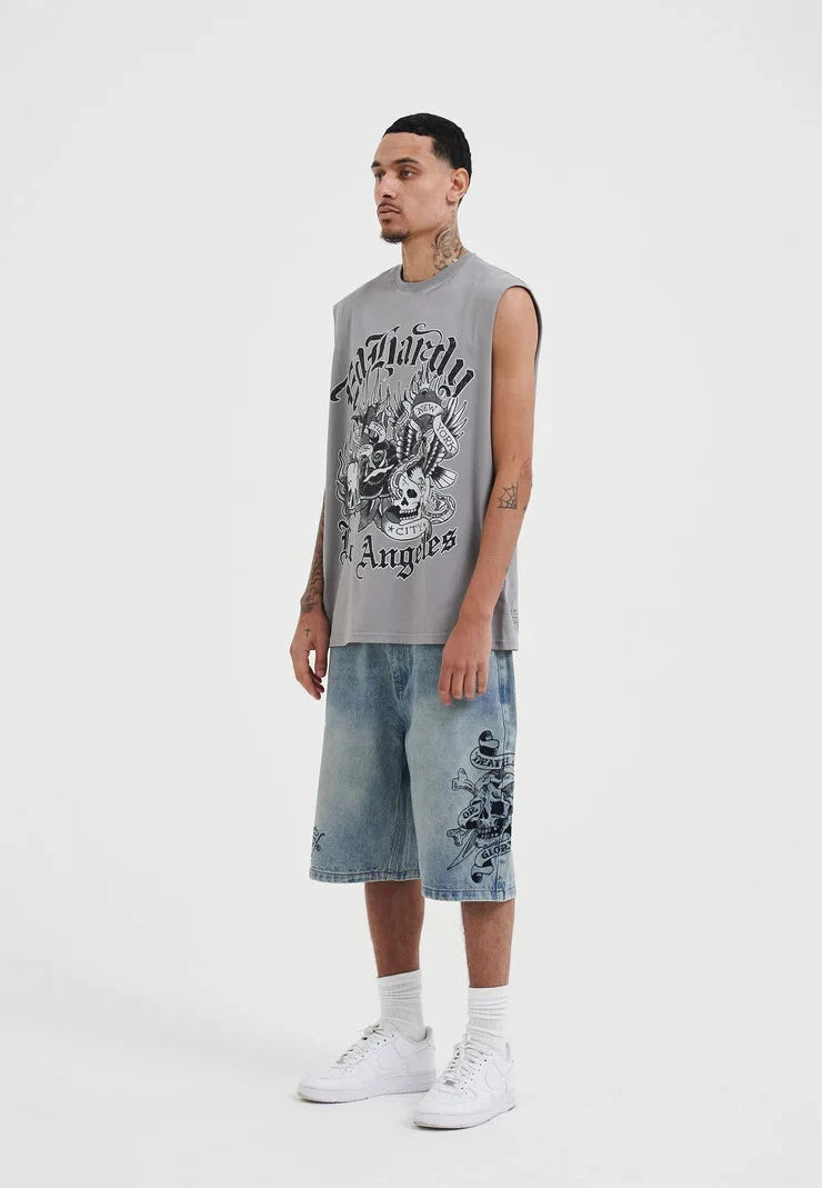 Ed Hardy - Bermuda - Mens Death Or Glory Denim Skater Jorts Shorts - Blue