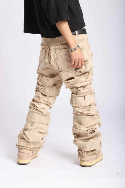 Pantalone di  Jeans double denim beige cream con rotture cucite- EFFEMME EXCLUSIVE LAB